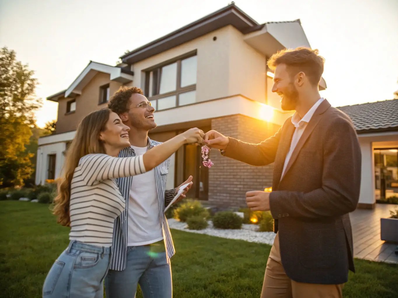 A photograph of a family happily handing over keys to a new homeowner, symbolizing a smooth and successful property sale facilitated by MA Capital Enterprises.