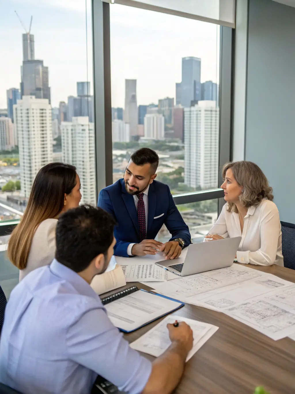 A diverse team of real estate professionals collaborating in a modern office, showcasing expertise and a commitment to teamwork.