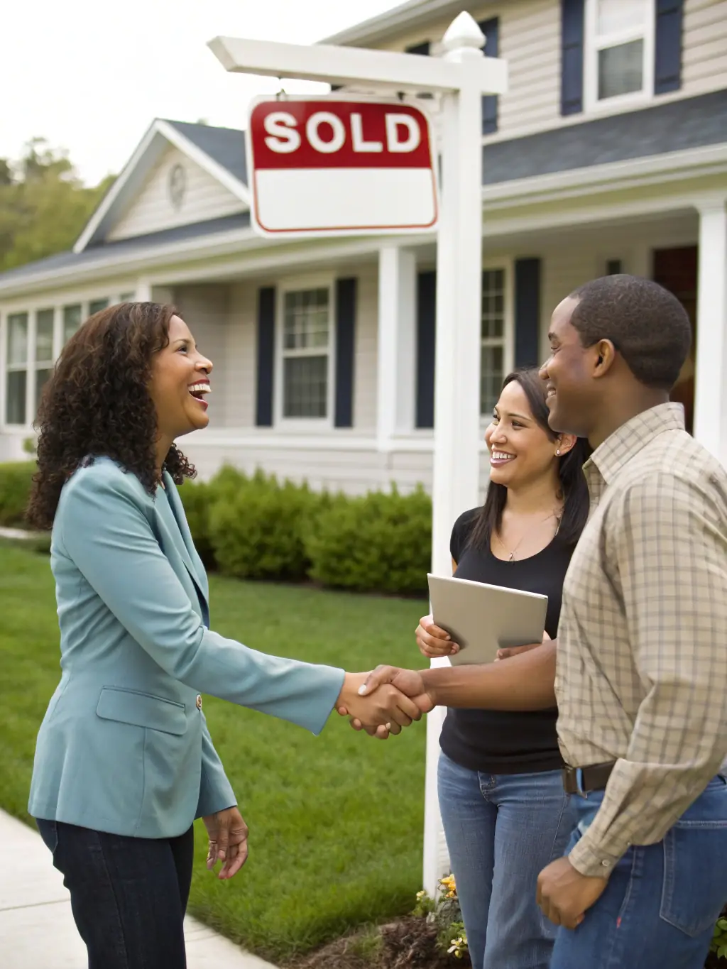 A photo of a happy seller shaking hands with a MA Capital Enterprises representative in front of a house with a 'Sold' sign, symbolizing a successful and stress-free transaction.