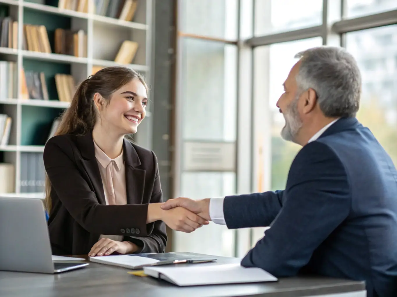 An image of a confident seller smiling and shaking hands with a buyer, symbolizing a successful and confident transaction facilitated by MA Capital Enterprises.