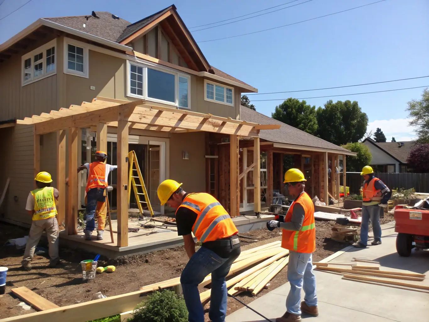 A construction worker inspecting a distressed property, with tools and equipment visible, representing the potential for value creation through renovation.