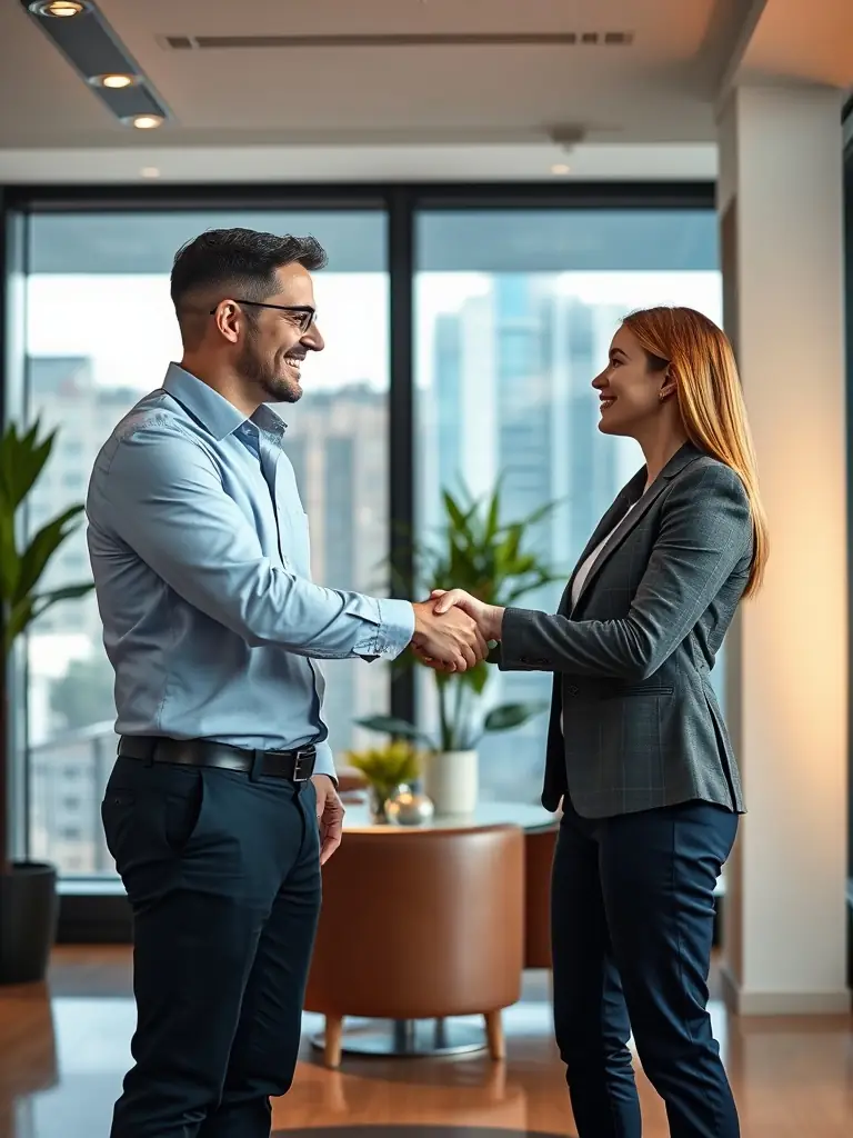A professional real estate agent shaking hands with a satisfied home seller in front of a well-maintained house, symbolizing trust and a successful partnership.