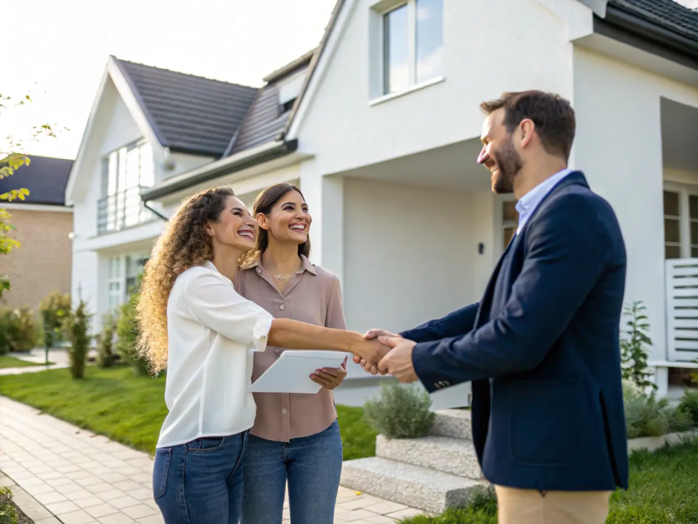 A professional real estate investor shaking hands with a satisfied home seller in front of a well-maintained house, symbolizing a successful and trustworthy transaction.