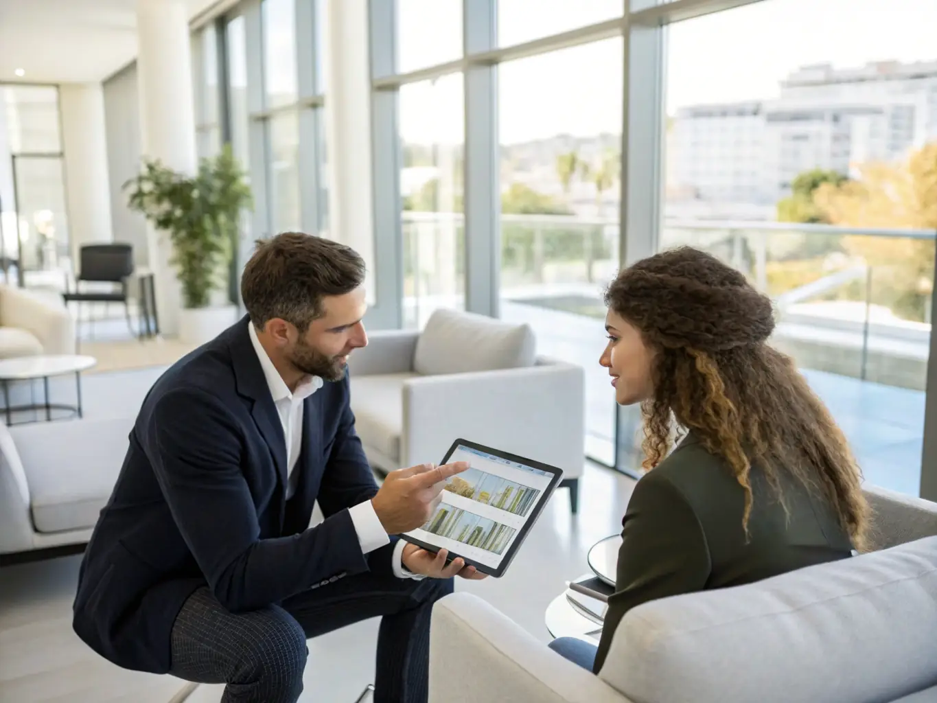 An image of a real estate agent presenting a property offer to a client, showcasing the offer review stage.