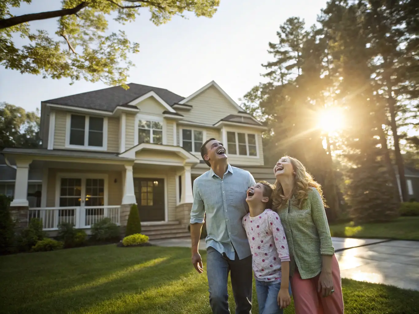 A family standing in front of a newly built rental property, with a 'For Rent' sign in the yard, illustrating the creation of long-term rental income.