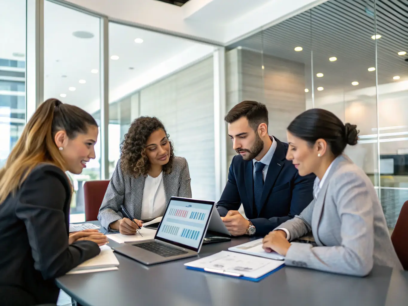 A diverse group of real estate investors collaborating around a table, reviewing property documents and discussing investment strategies, highlighting MA Capital's collaborative approach.