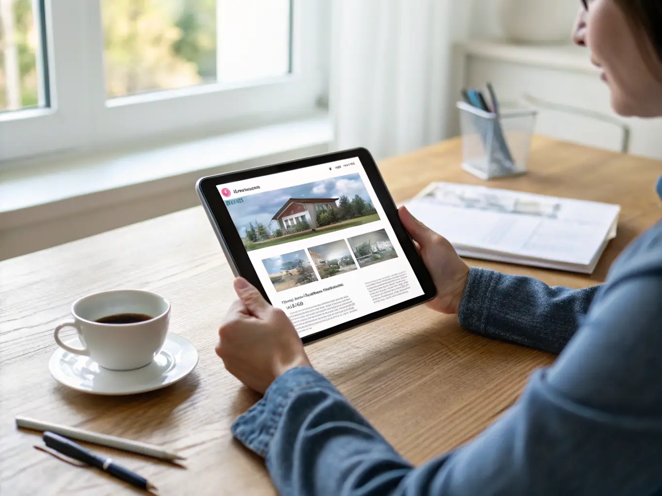 A real estate investor analyzing property data on a tablet, with blueprints and financial documents spread across a table, symbolizing informed decision-making.